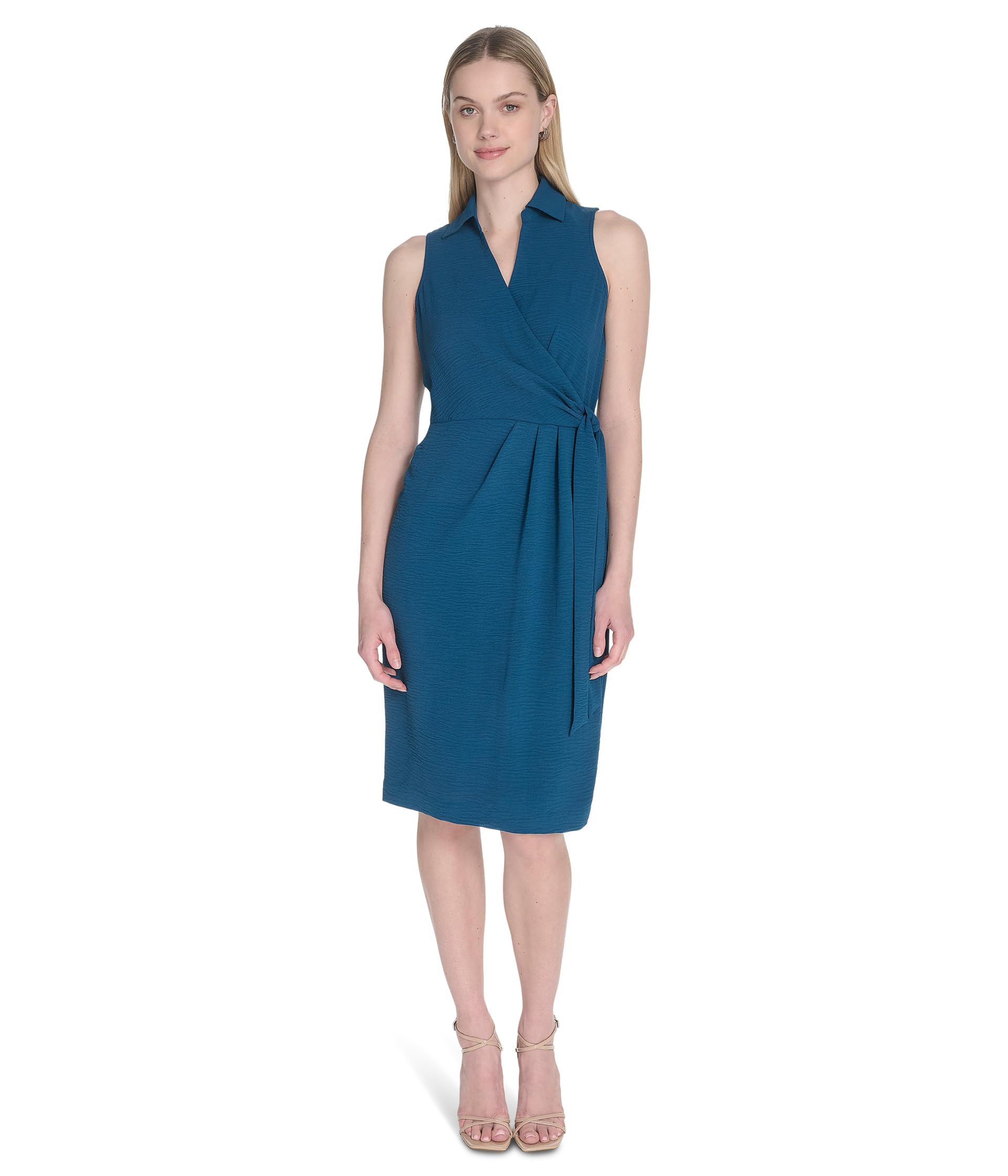 Calvin Klein Womens Aerowash Collared Elastic Waist Self Tie Midi Cypress 6 One Size