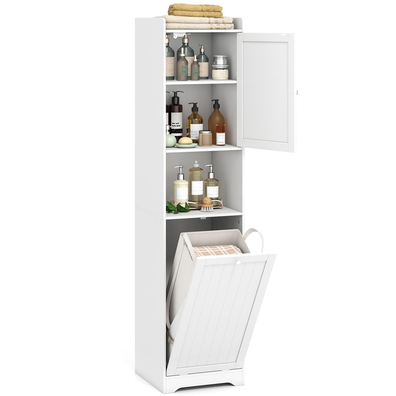 GOPLUS Colonne Salle de Bain Etroit, 40 x 40 x 170CM, Rangement Salle de Bain avec Sac à Linge Indépendant Amovible 48L, 3 Compartiements avec Étagère Réglable, Idéal pour WC, Buanderie, Salon (Blanc)