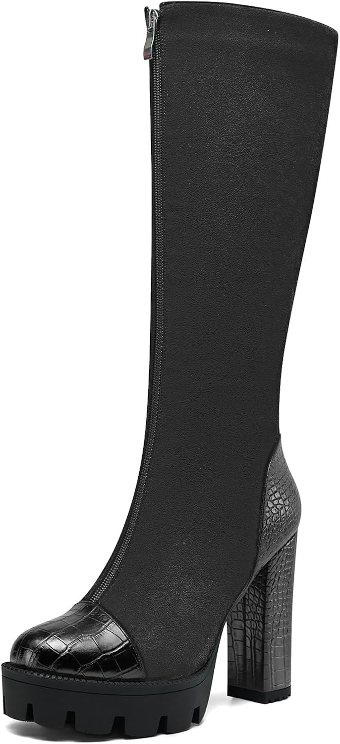 HDEUOLM Womens Chunky Block High Platform Heel Round Toe Mid Calf Knee High Boots Zipper Patchwork Dress Party Winter 4.7 Inches Heels