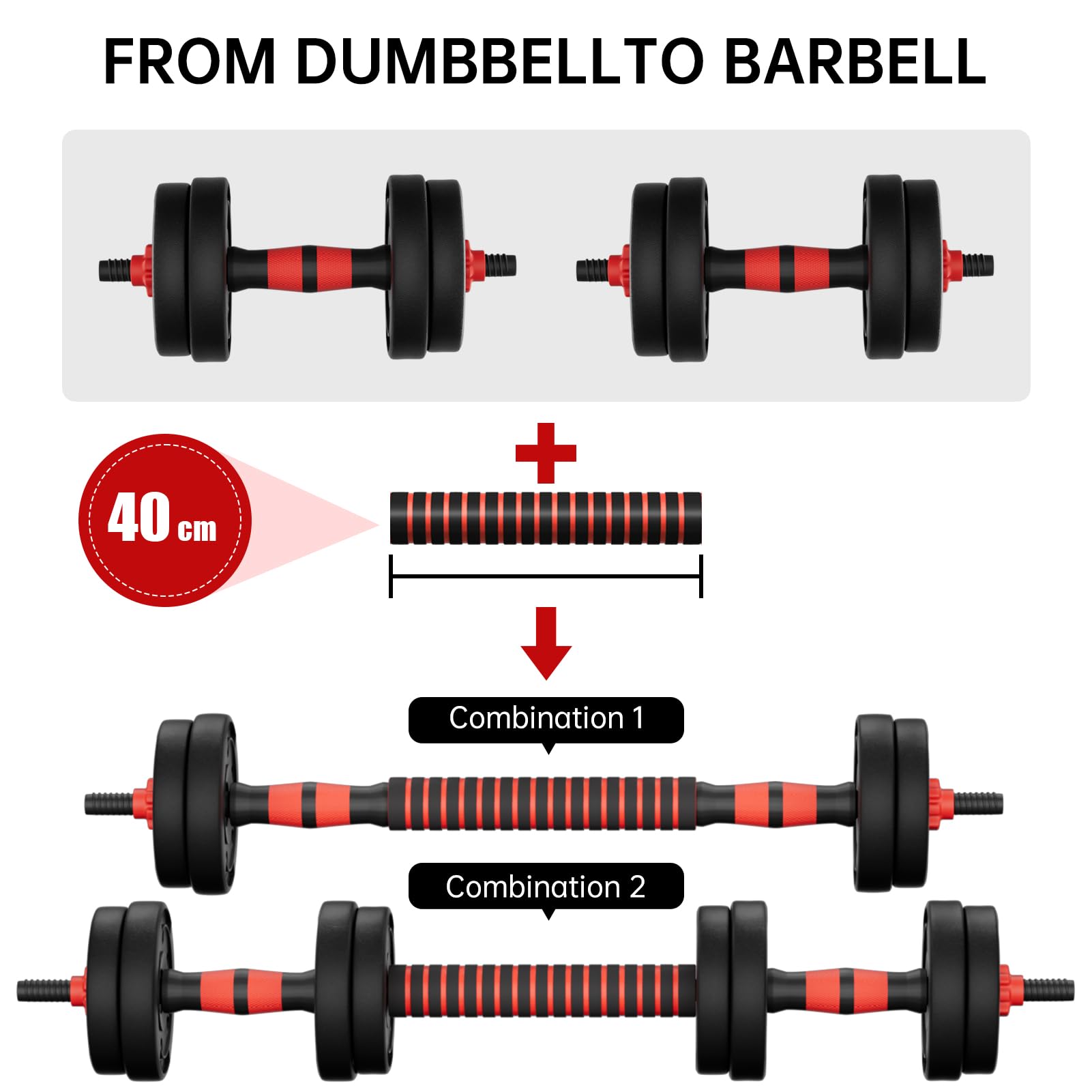 Hanteln-Verstellbar-Set, Kurzhanteln Schwarz 2er Set, Gewichte Hantel Kraftraining kann als Langhantel Verwendet Werden, für Männer und Frauen, 2 in 1 Kurzhantel Fitness Handgewichte, 10/15KG