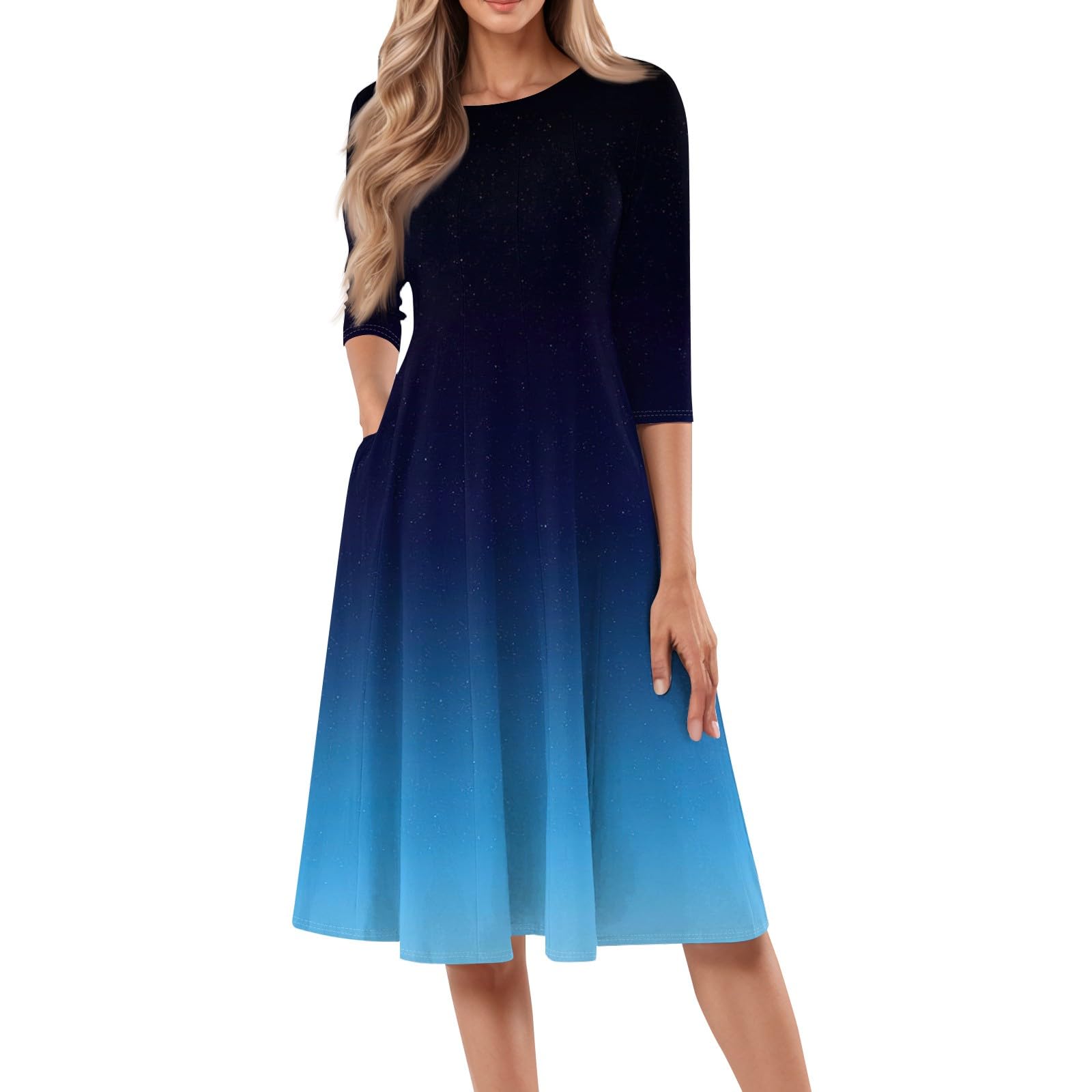 ovticza Spring Dresses for Women 2025 3/4 Sleeve Round Neck Church Dresses Pleated Knee Length Dress with Pockets Curvy Dress