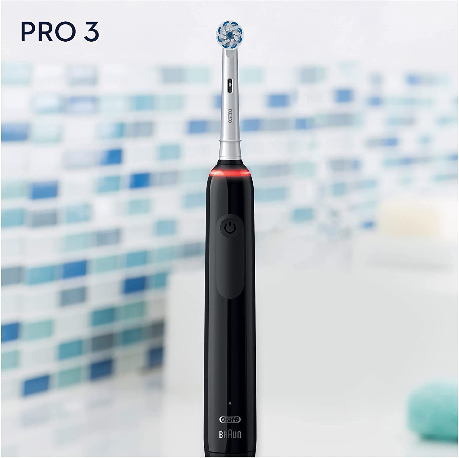 Oral-B Pro 3 3000 Cepillo Eléctrico de Dientes + 1 Mango con Sensor de Presión Visible, 1 Cabezal de Recambio, Negro y Blanco, Diseñado por Braun