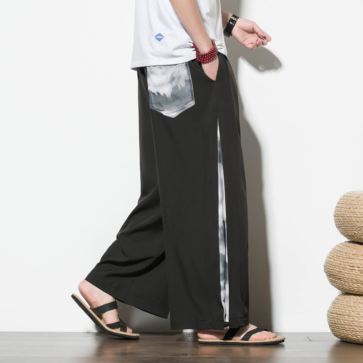Seidarise Pantalones estilo harén de lino para hombre, de pierna ancha, estilo japonés, para yoga, hip hop, holgados