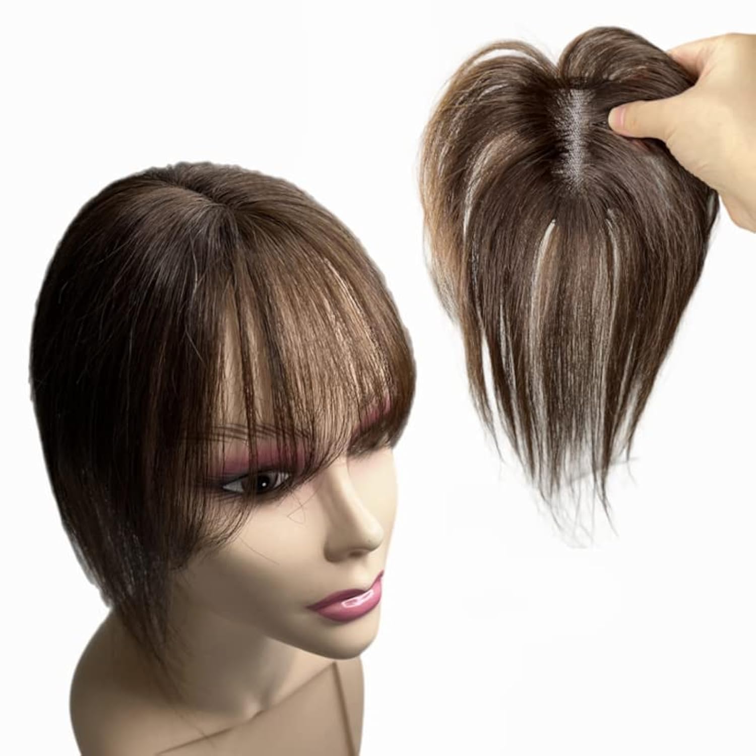Hand-woven Lace Human Hair Toppers with Air Bangs Fringe Clip In Brazilian Natural Hairpieces Women Straight Cover Grey Hair Loss (7 * 9 Brown Air Bangs)