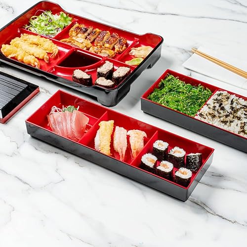 Miniatura 4 de Restaurantware Bento Tek - Caja Bento rectangular de estilo japonés negro y rojo, 3 compartimentos, 14 x 4 34 x 2 14 pulgadas, caja de 1 unidad