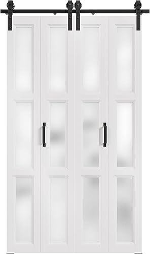 Miniatura 5 de SOLRIG Puerta corredera de granero biplegable de 36 x 84 pulgadas, panel de vidrio esmerilado templado de 3 litros con juego de herramientas