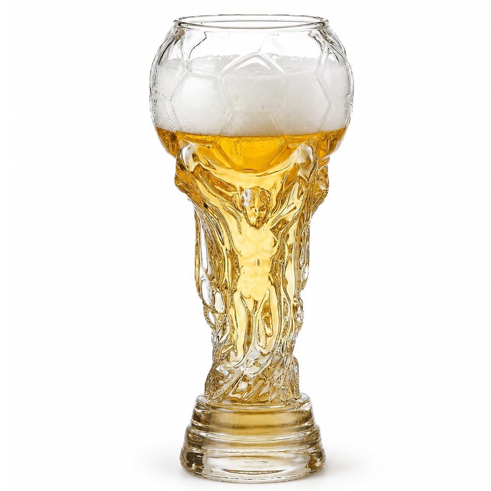 Kouipoie Cup Trophy Beer Glass 2026, Trophy Cup Pint Glass, 3D Football Cup Glass, Thick Borosilicate Beer Mug for Beer, Cocktails & Soft Drinks, Football Fan Gift. (600, ml/min)