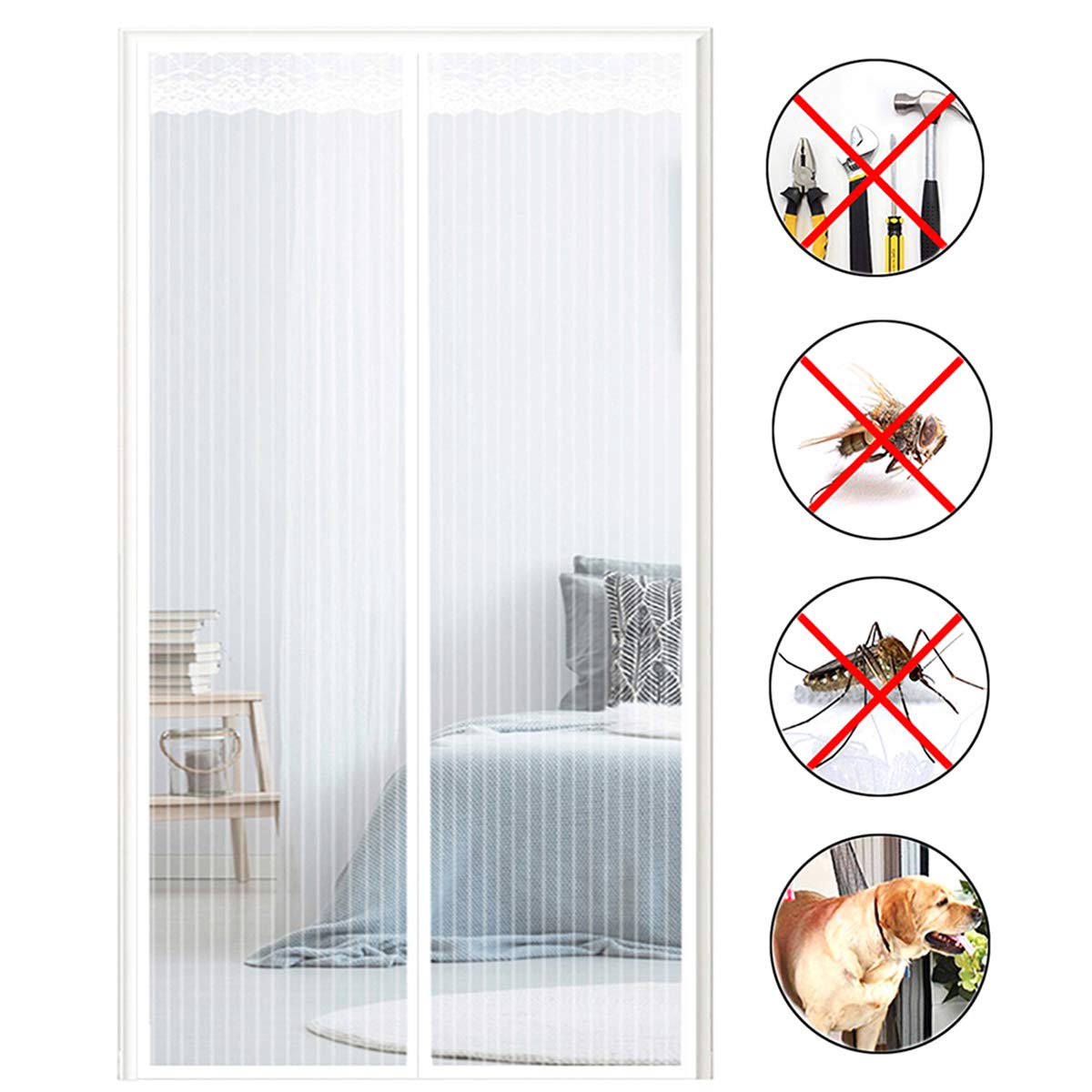 Amzero White Magnetic Screen Door, 110X200cm Screen Door Anti Mosquito Bugs Mesh Curtain For Keep Bugs Fly Out,