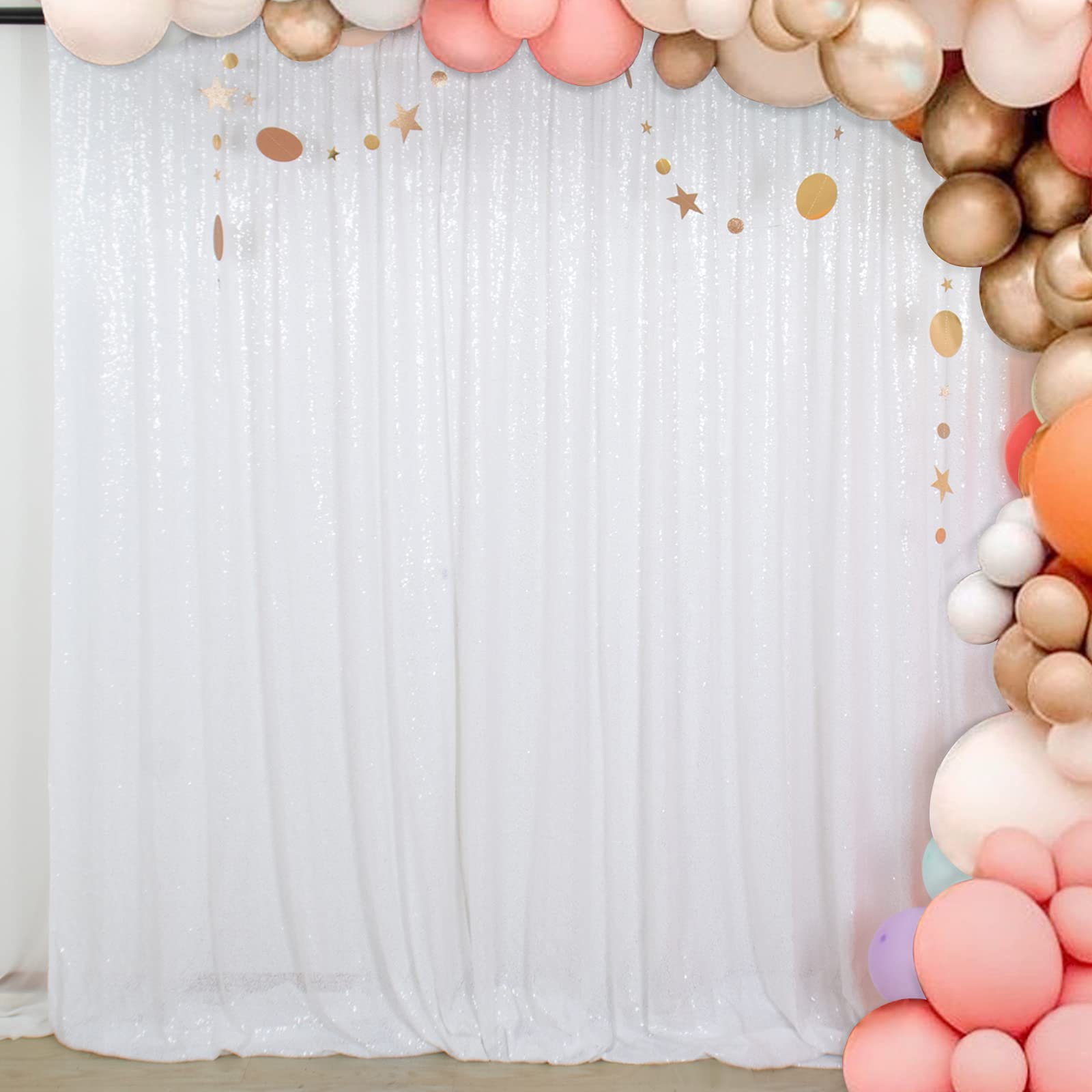 ShinyBeauty White Sequin Backdrop Curtain 2 Panels Seuqin Bakdrop 4X8FT Photo Backdrop for Party Wedding Backdrop 8FT White Glitter Backdrop Curtain for Baby Shower Decoration
