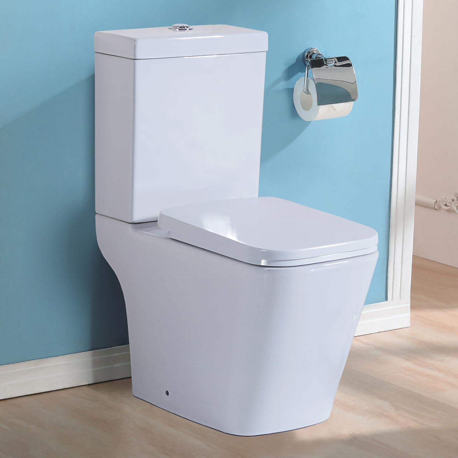 Sorrento White Gloss Rimless Close Coupled Toilet Back To Wall Bathroom Toilet Ceramic White Wc Pan & Cistern Soft Close Seat Modern Square Comfort Height Eco Flush Toilets For Bathrooms