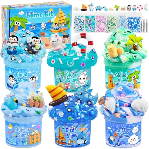 LAWOHO 6 Pack Blue Ocean Slime Kit, Clear Butter Cloud Slime kits for Girls & Boys, Non-Stick Slime for Kids Party Favor with Add-Ins, Birthday Easter Valentines Day Gifts for Kids Slime Making Kit