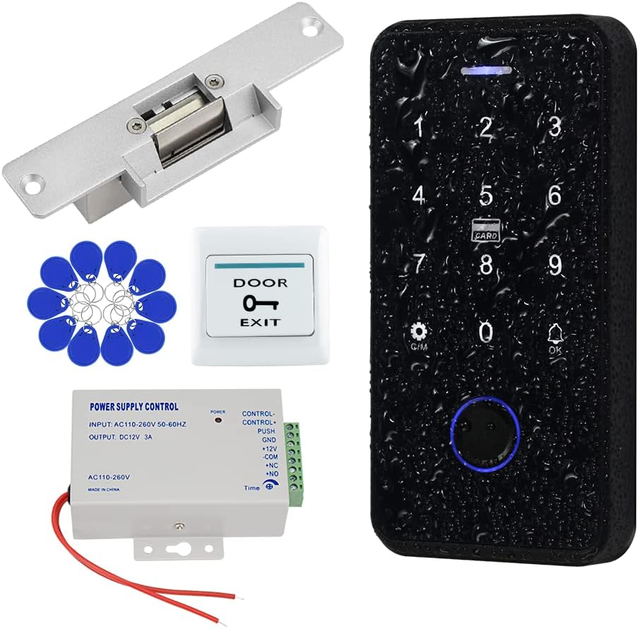 QTTYELOK Bluetooth Tuya Door Access Control System Kit IP68 Waterproof NFC RFID Fingerprint Keyboard + NC Fail Safe Electric Strike Locks + DC12V Power Supply + 10pcs 13.56Mz Keyfobs
