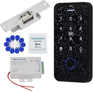 QTTYELOK Bluetooth Tuya Door Access Control System Kit IP68 Waterproof NFC RFID Fingerprint Keyboard + NC Fail Safe Electric Strike Locks + DC12V Power Supply + 10pcs 13.56Mz Keyfobs