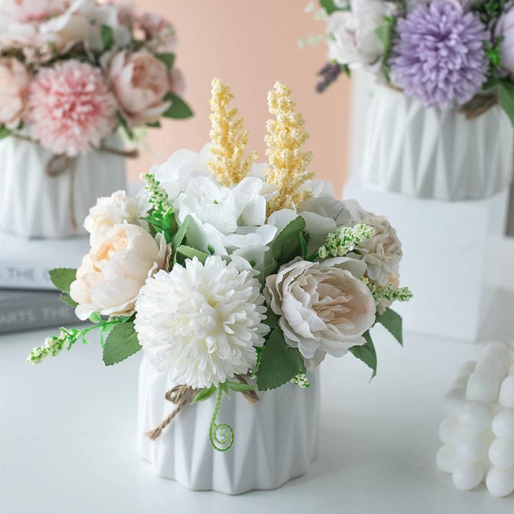 KIRIFLY Fake Artificial Flowers in Vase Faux Peony Silk Hydrangea Flower Centerpieces Décor for Wedding Table Decoration(White in Ceramic)