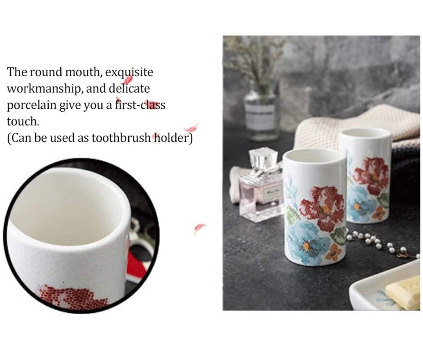 Zestaw 5-częściowych dozowników mydła Ceramic Flower | Łazienka: Zestaw 5-częściowy dozownika mydła w płynie Ceramiczny Kwiat z uchwytem na szczoteczkę do zębów