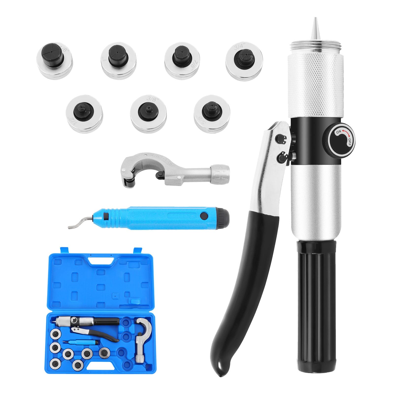 JAYGOVAN Hydraulic Tube Expander Tool Kit for 3/8" to 1-1/8" OD Copper Pipes, HVAC Hydraulic Swaging tool Kit with Tube Cutter, Deburring Tool and 7