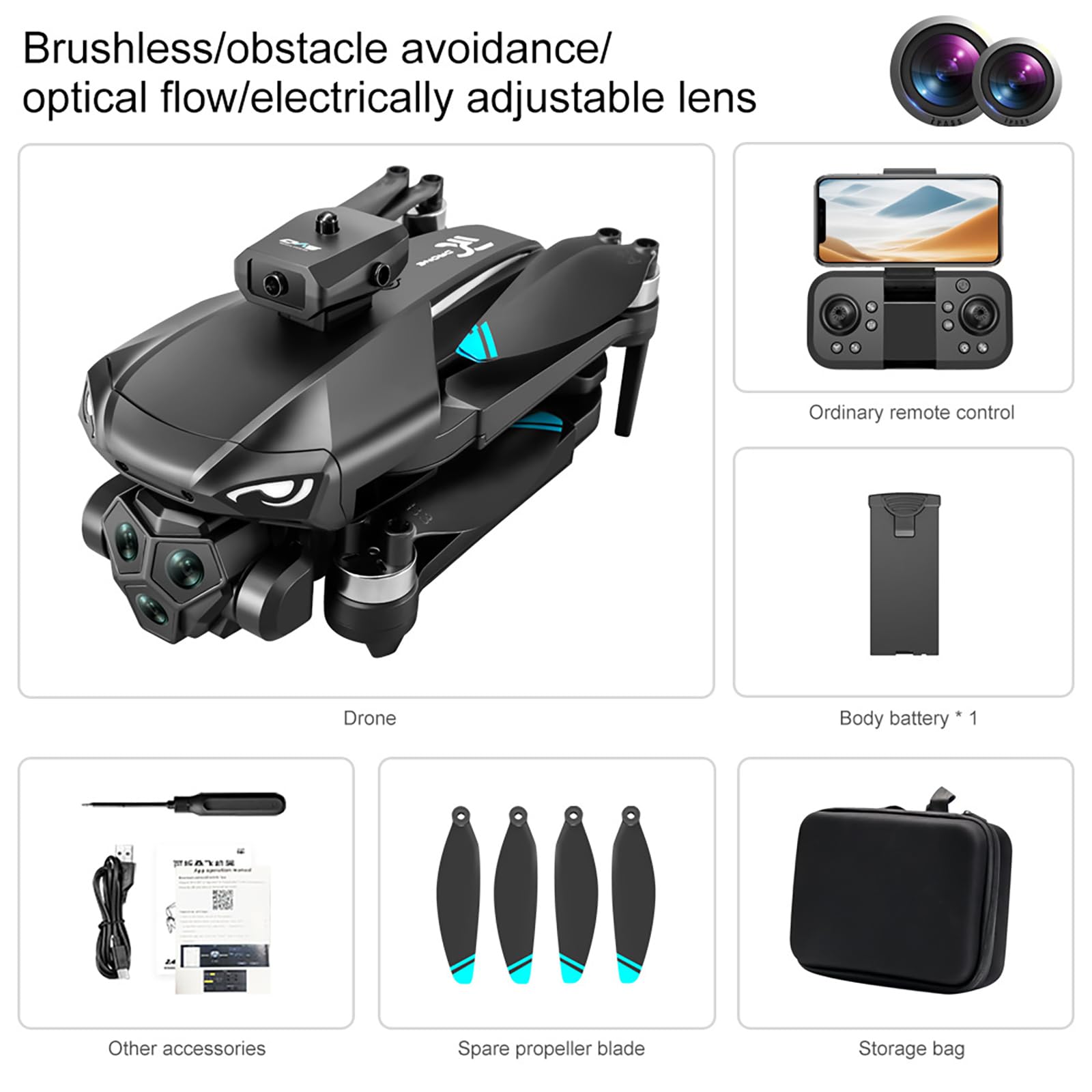 Dron 4K z regulowaną potrójną kamerą, silnikiem bezszczotkowym, funkcją GPS Return, funkcją unikania przeszkód 360°, 5-stopniową odpornością na wiatr, optycznym pozycjonowaniem przepływu