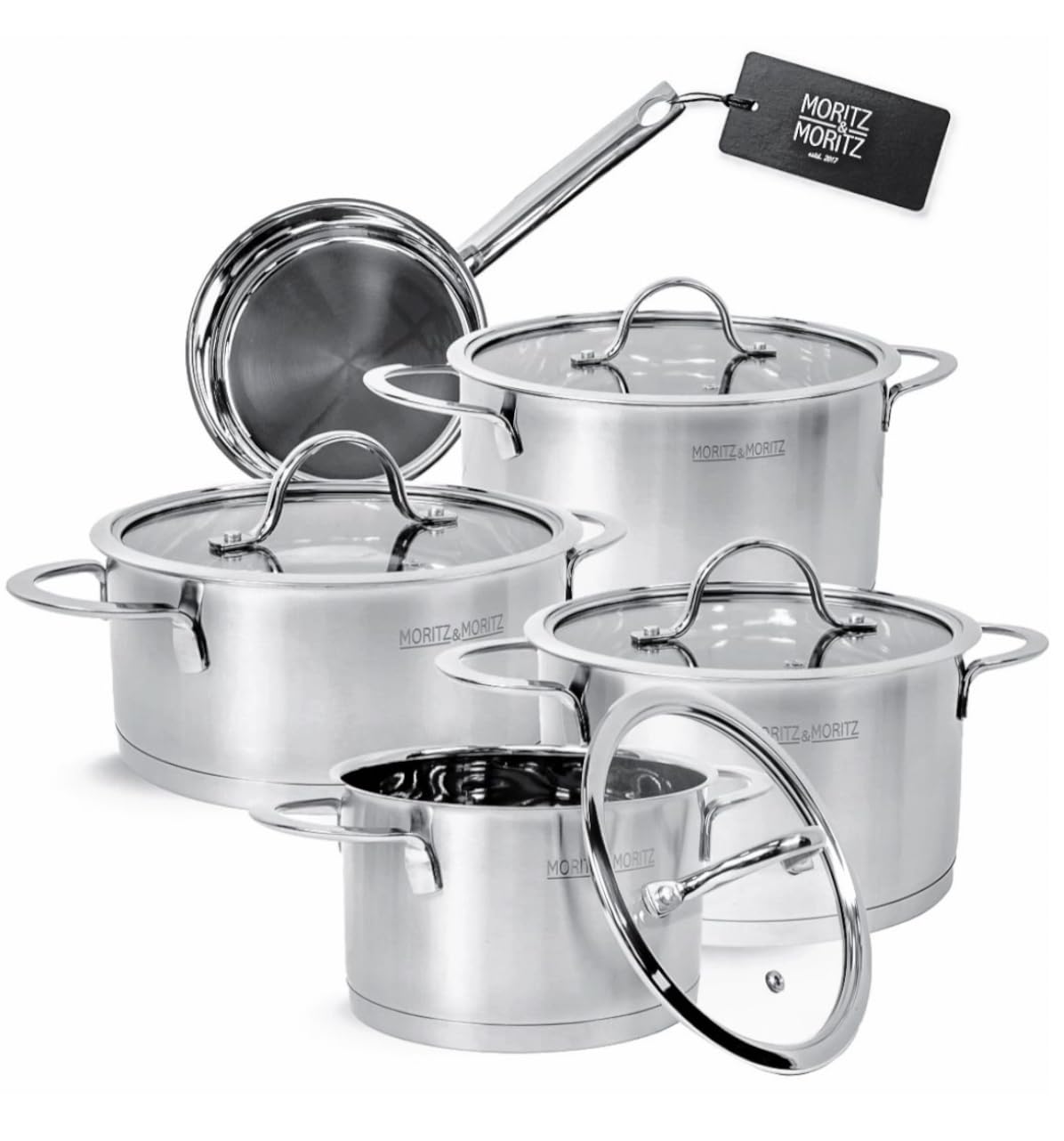 Moritz & Moritz 5-teiliges Kochtopfset inkl. 4 Glasdeckel - Edelstahl Topfset Induktion & alle Herdarten - stylische Töpfe mit Deckel & Stielkasserolle - Geeignet für Spülmaschine & Backofen