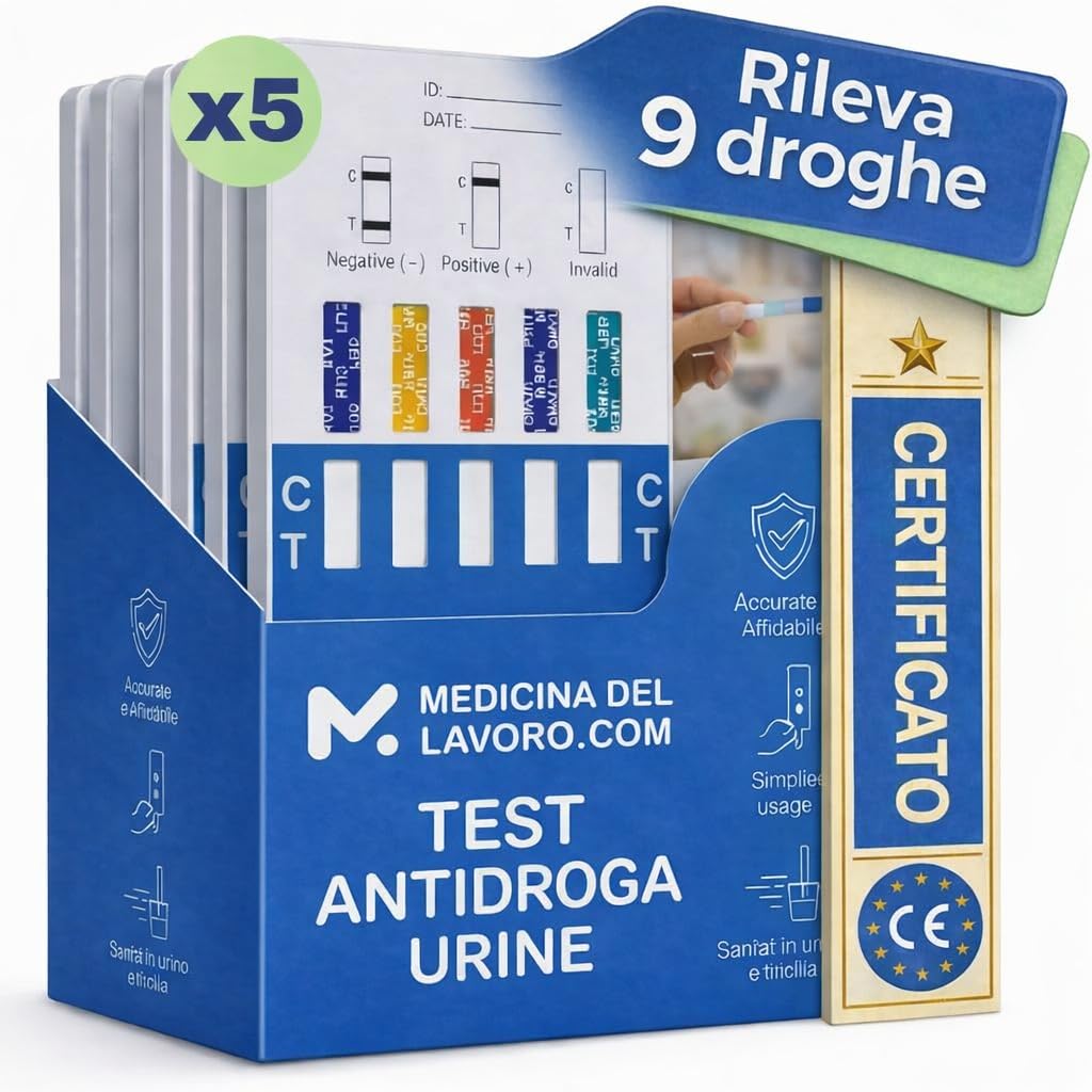 Medicinadellavoro.com - 5 Test Antidroga Urine 9 in 1, Drug Test per Rilevamento Cocaina, Cannabis, Oppiacei, Metadone, Ecstasy, Anfetamine, Metanfetamine, Crack, Eroina, Benzodiazepine e Buprenorfina
