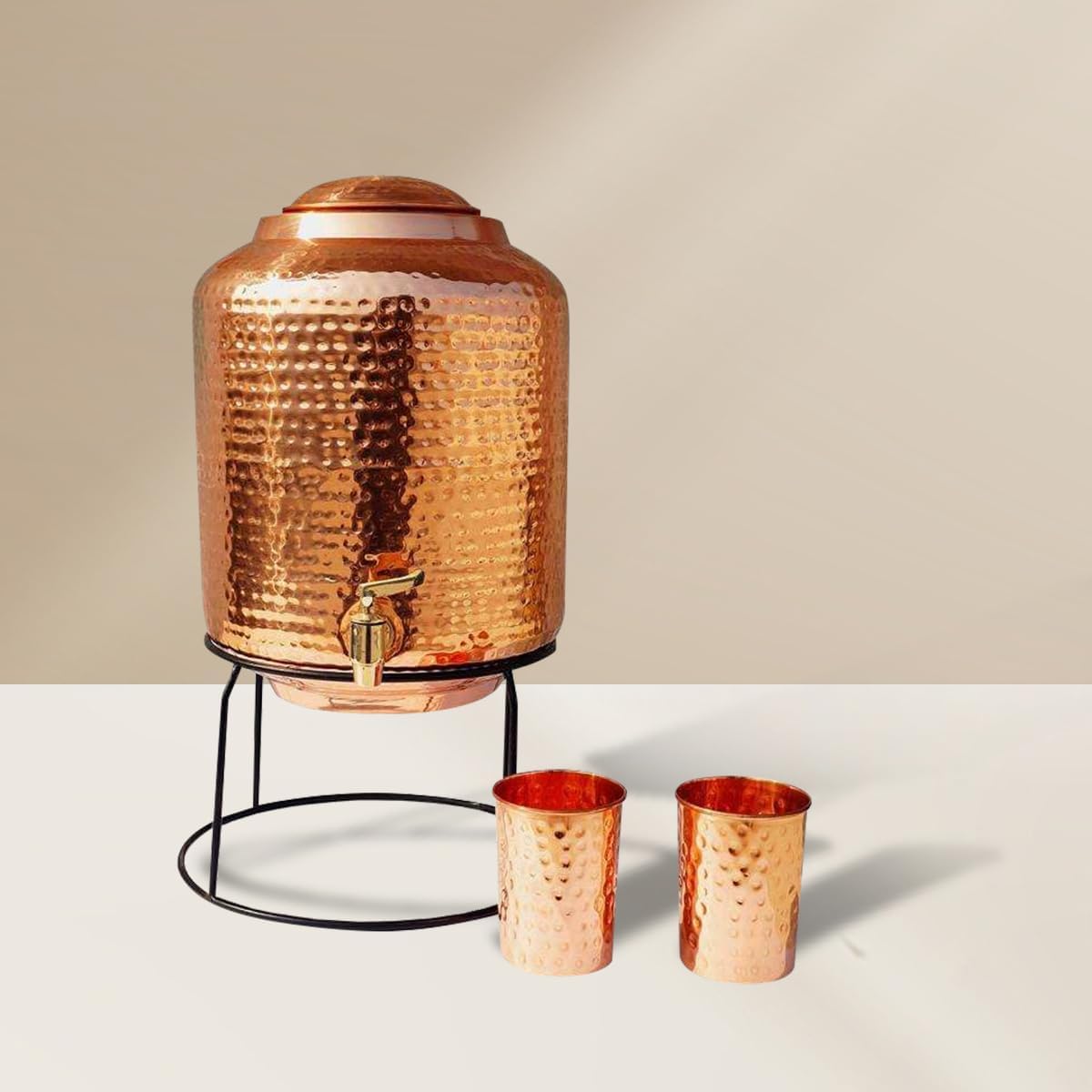 Pure Copper Hammered Water Dispenser | 5L | Water Pot for Home & Kitchen | Ayurvedic Water Storage Tank with Tap & 2 Copper Glasses | Rustproof & Durable (Copper Matka)-image-40