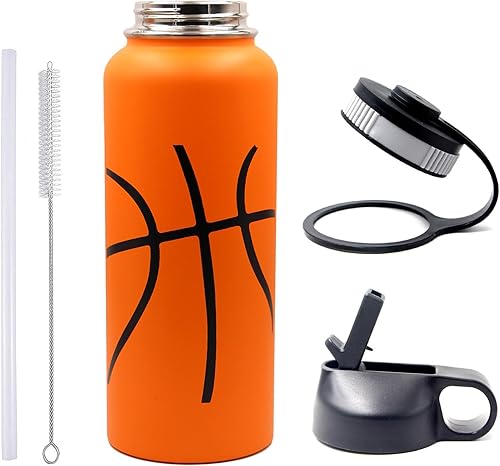 Miniatura 6 de Botella de agua de baloncesto de 40 onzas, botella deportiva de boca ancha, vaso de viaje de metal con 2 tapas, acero inoxidable de doble pared