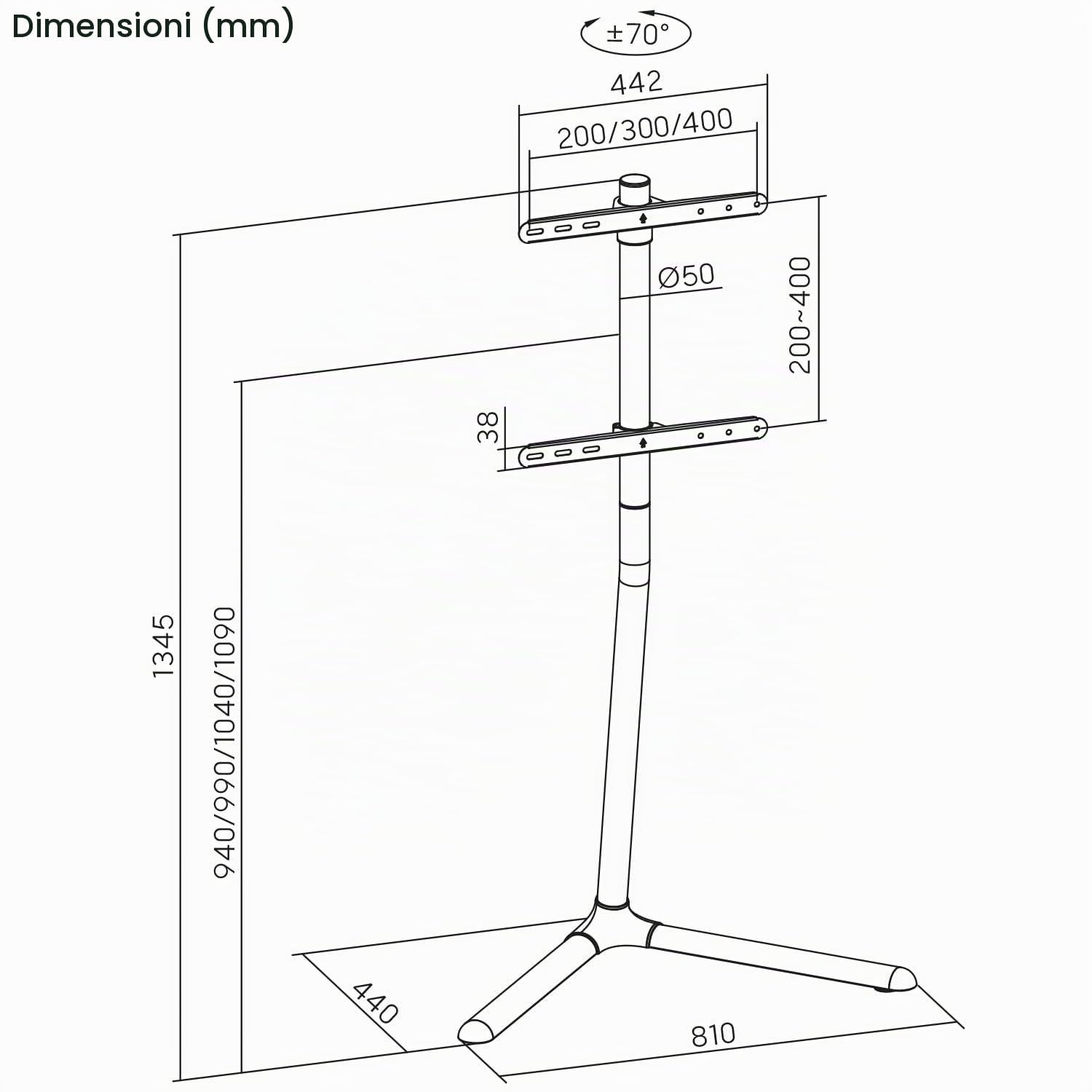 Supporto da pavimento per Maclean da 32" a 70" fino a 40 kg | VESA 200x200-400x400 | Girevole Altezza regolabile Gestione dei cavi | Supporto TV per TV e monitor | Base stabile per un posi