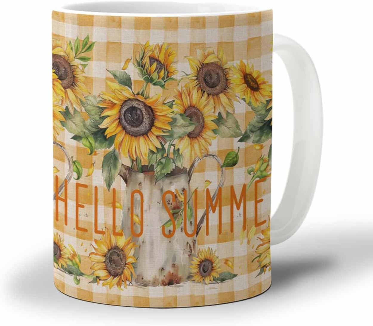 BEMIGO Ceramic Coffee Mug Farmhouse Sunflower Plaid Ceramic Mug White Cup, Fall Summer Insulated Coffee Cup with Handle with Pattern Perfect for Tea and Hot Beverages, 12oz
