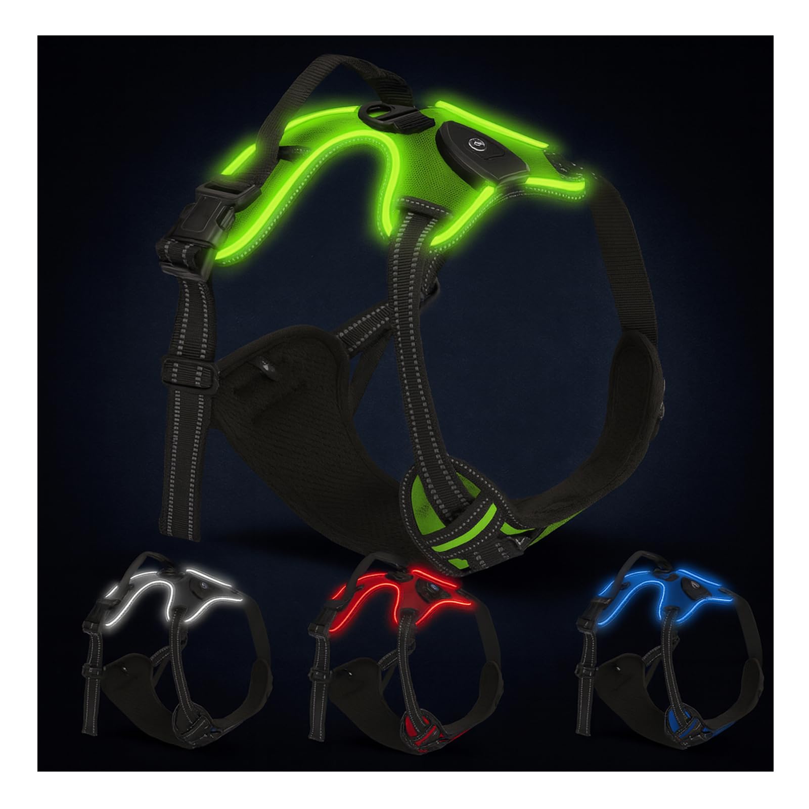 LED Dog Harness – USB Rechargeable, Reflective & Comfortable, with Sturdy Handle and Dual Leash Clips, Light-Up Safety Vest for Small, Medium & Large Dogs (Green, M)
