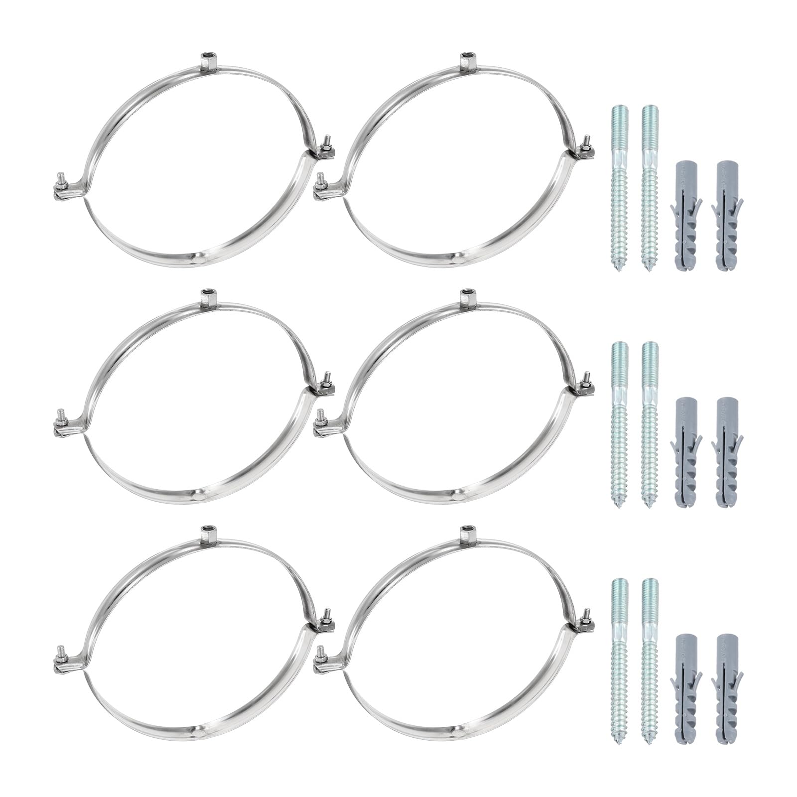 sourcing map 6 Set Adjustable Pipe Bracket Clamps 7-7/8" (200mm) Stainless Steel Wall Ceiling Mount Split Ring Hanger Metal Pipe Supports Clamp with Screws & Expansion Tube for Pipe Tube (M10)