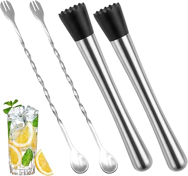 2pcs 25cm Cocktail Muddler and 2pcs 26cm Spoons, Bar Tool Set with Stainless Steel Muddlers and Long Spoons, Professional Cocktail Making Kit for Home Bartenders and Party Hosts