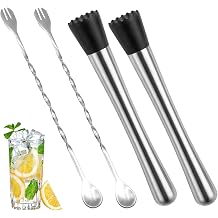 2pcs 25cm Cocktail Muddler and 2pcs 26cm Spoons, Bar Tool Set with Stainless Steel Muddlers and Long Spoons, Professional Cocktail Making Kit for Home Bartenders and Party Hosts