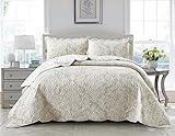 3-Piece Damask Beige Quilted Bedspread Set King 250 x 250 cm - Hotel Quality Soft Microfiber Bed Throw for Bedroom - Luxury Printed Bedding with 2 Pillow Shams