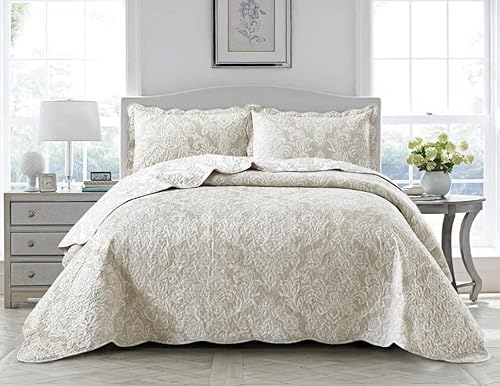 BSL 3 Piece Quilted Bedspread Throw Bedding Set Luxury Bed Throw Comforter and 2 Pillow Shams Floral and Damask Printed Design Machine Washable (Damask Beige, King)