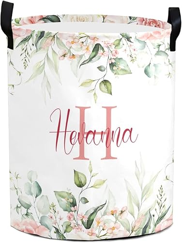 Miniatura 6 de Cesta de lavandería personalizada para bebé con flores personalizada con nombres para niña, organizador de almacenamiento plegable con asa para