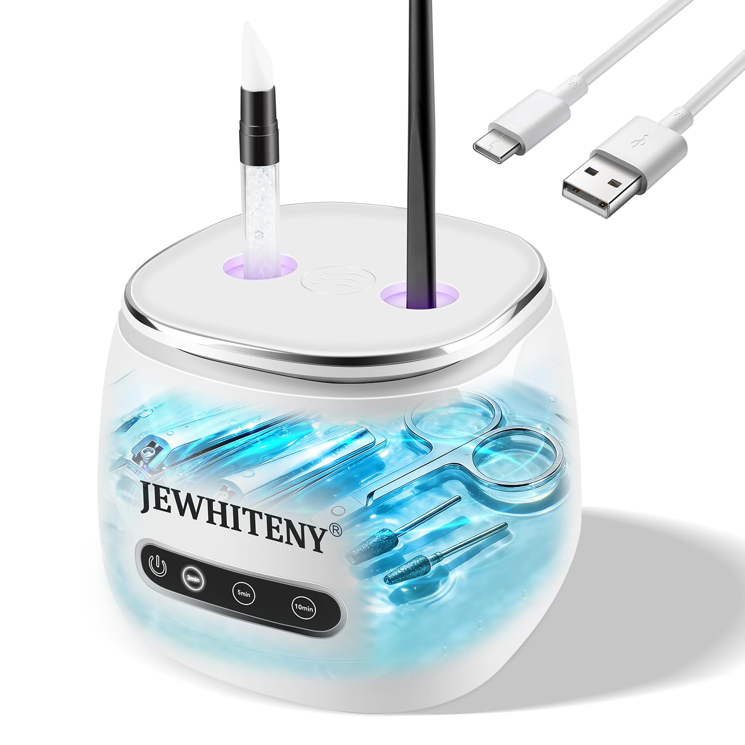 JEWHITENY 2 in 1 Rechargeable Nail Tool Cleaning Machine:3 Timers Mode for Nail Drill Bits,Automatic U V Light & 45k Hz Deep Cleaner,Nail Art Brush, Nail Clipper, Jewelry Cleaning, Salon & Home Use