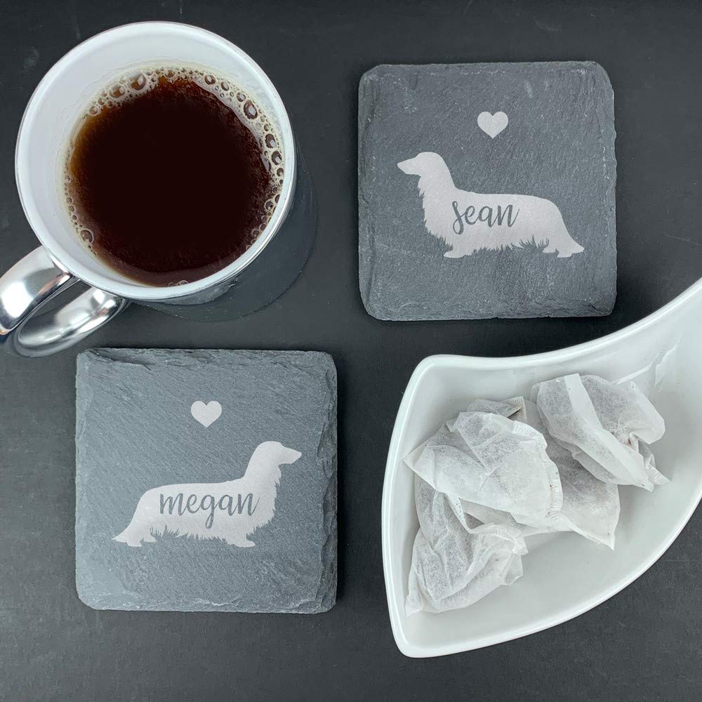 eBuyGB SET OF 2 Personalised Slate Dachshund Coasters Square Custom Engraved Valentines Day Gift Drinks Coaster for Her, for Him, Birthday, Anniversary, Housewarming Present, Long Haired Dachshunds