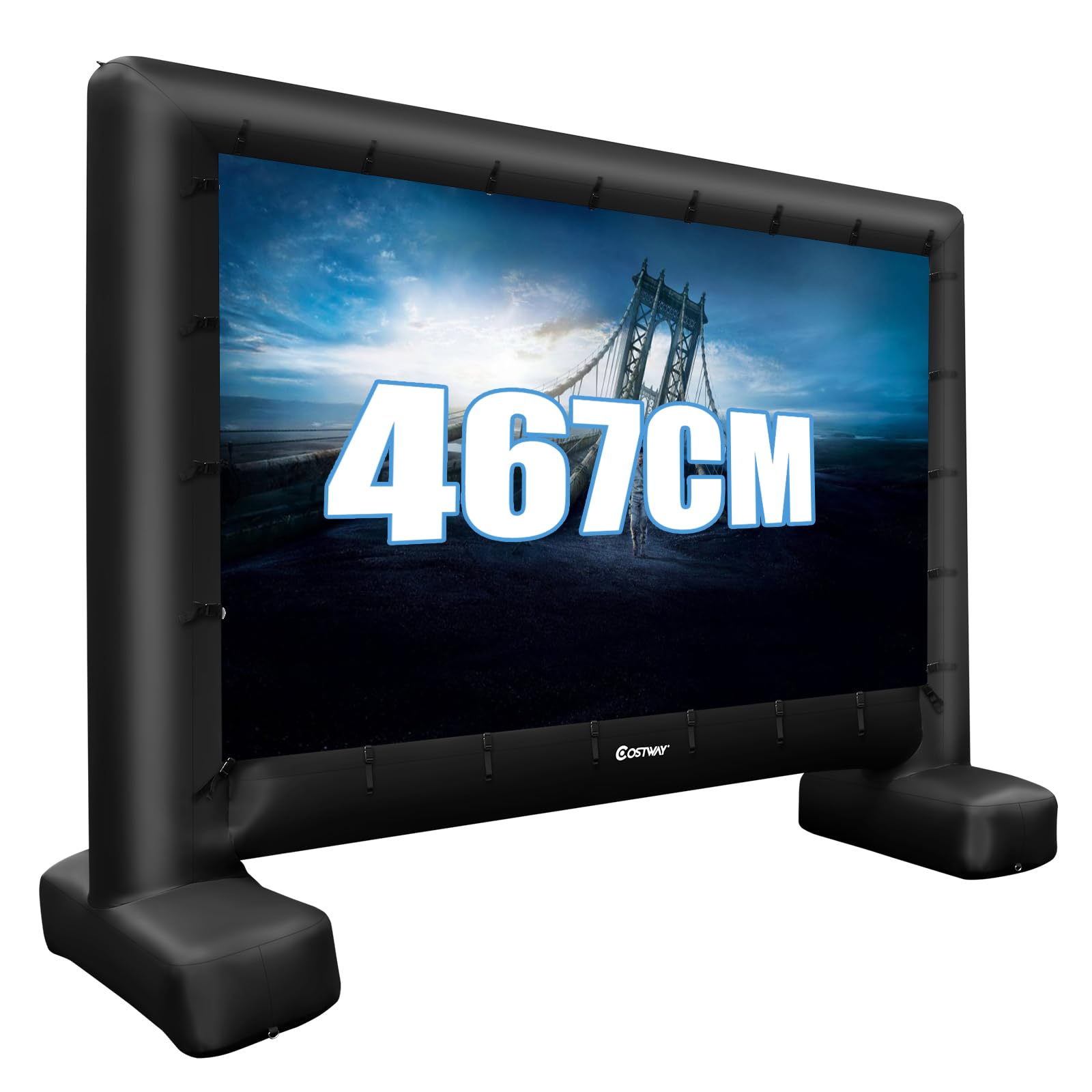 GOPLUS Ecran Gonflable Exterieur 4/4,5/5 m, Écran Geant Gonflable Videoprojecteur Projection Cinema avec Ventilateur, Sac Rangement, Piquets Sol, Installation Facile, Double Face (317 x 179 cm)