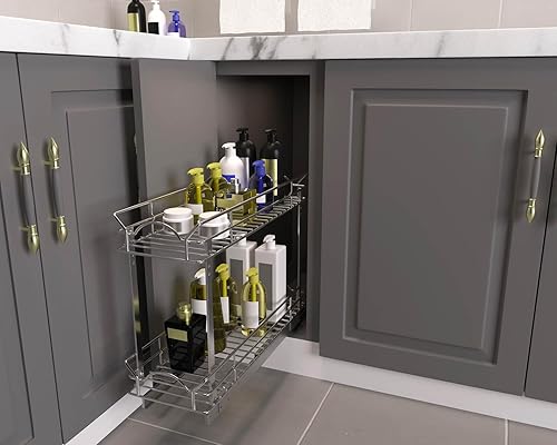 Miniatura 6 de OCG Organizador de gabinete deslizante para gabinete estrecho (7 pulgadas de ancho x 21 pulgadas de profundidad), estantes extraíbles de 2 niveles,