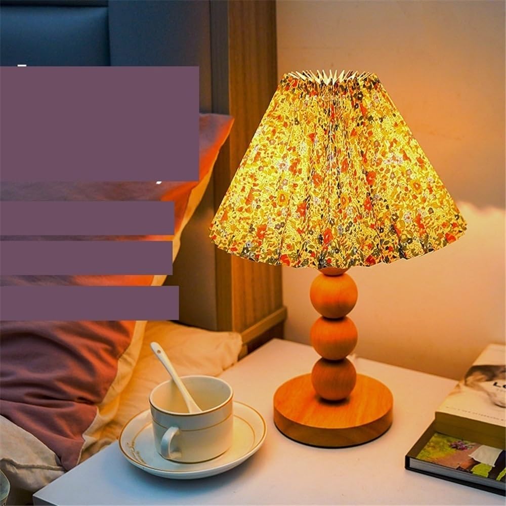 akcesoria do sypialni Retro Drewniana Stolik Nocny Sypialnia Lampa Stołowa z Abażurem Plisowanym Kwiatowym