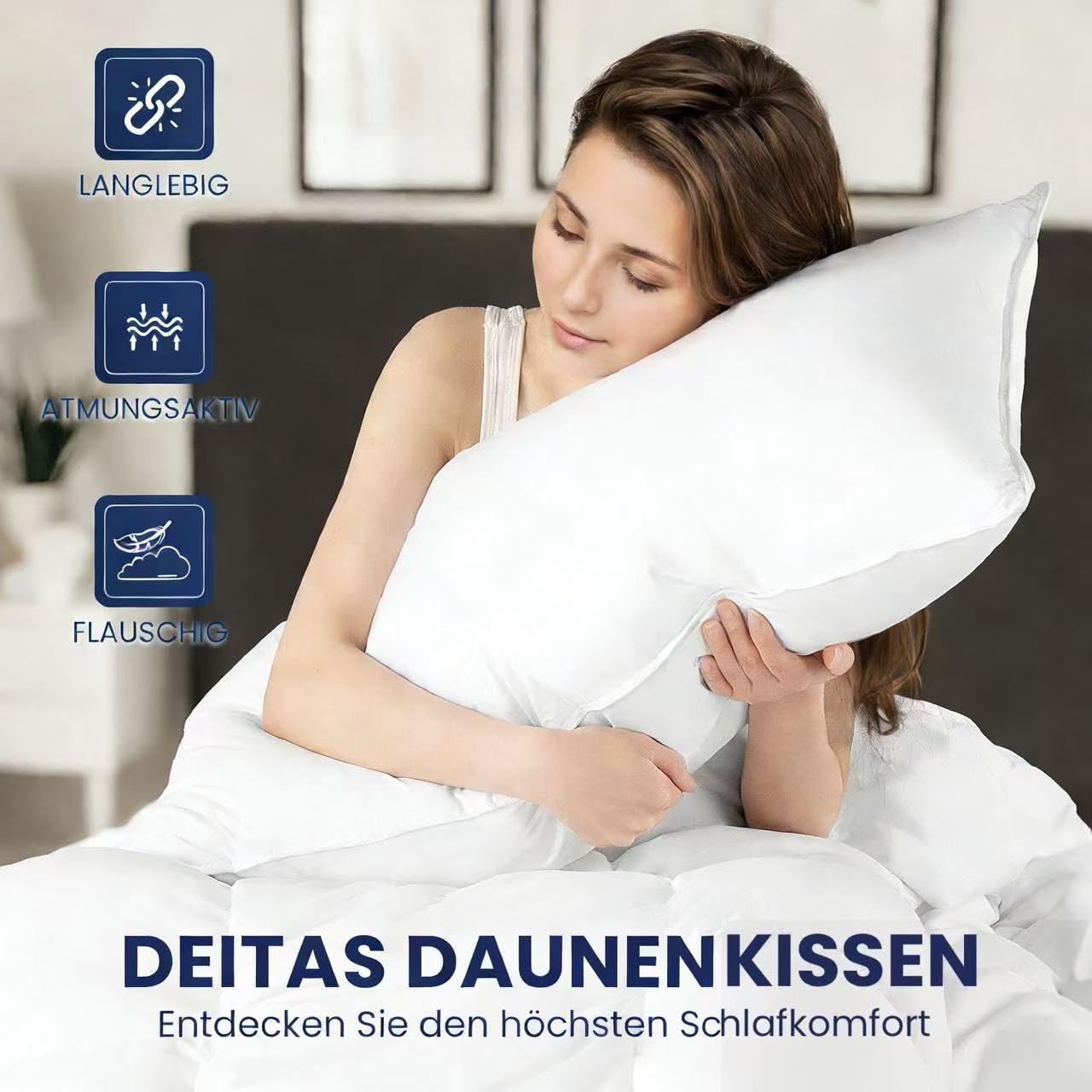 DEITAS Daunenkissen 40x80 cm Allergiker geeignet | waschbares Federkopfkissen mit Reißverschluss(Weiß,40x80 cm (1 Stück))