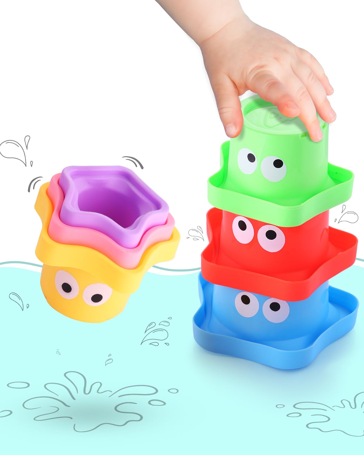 Intellibaby Newborns & Infants 5-in-1 Premium Star Shaped Stacking Cups, Stacking Toys for Kids, Activity Building Block Set,Baby Bath,Sorting & Nesting Water Toy, Brain Development,6 Pieces,9+ Months