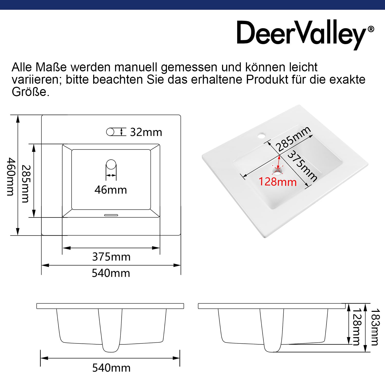 DeerValley Lavabo empotrable rectangular de cerámica con rebosadero de 53 x 46 cm