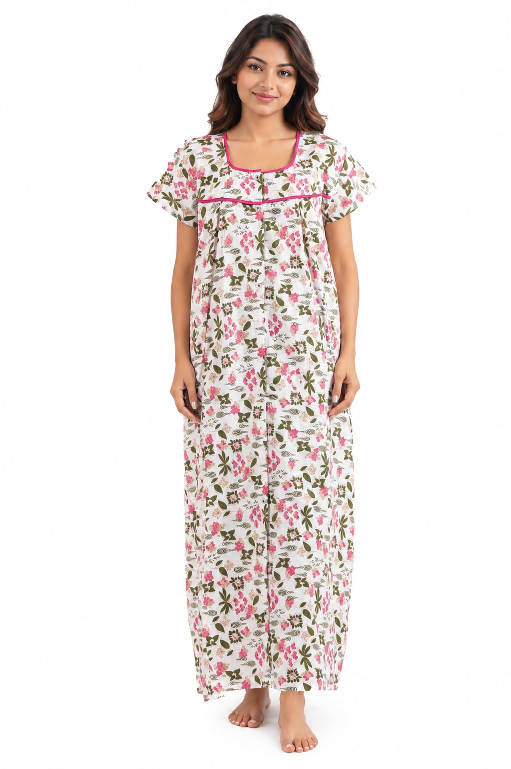 Women's All Over Printed Open Front Full Cotton Blend Nighty/Maxi/Nightgown/Nightwear WSR-199-image-47