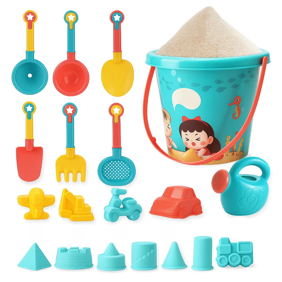 Toyana Beach Toys Set for Kids, 18 PCs Beach Bucket Set with Sand Pit Tools Shovel, Rake, Moulds, Outdoor Summer Sandcastle Playset, Garden Fun Water Activity Play Set Toy for Children Ages 3+ Years