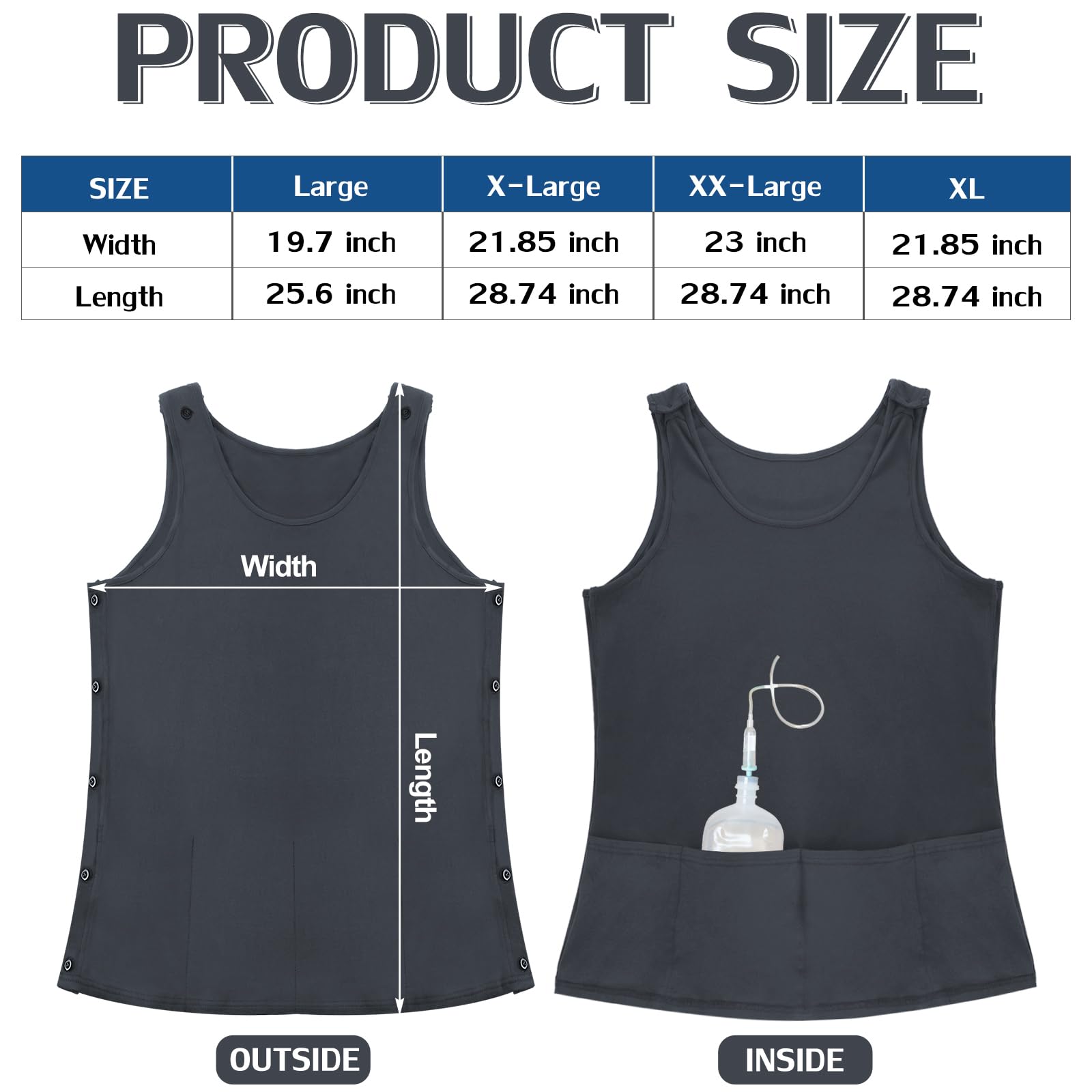 Jiuguva Mastectomy Recovery Tank Top with Drain Pocket Adjustable Hold Drainage Tube Surgical Recovery Tank Top with Pocket(Gray, 2XL)