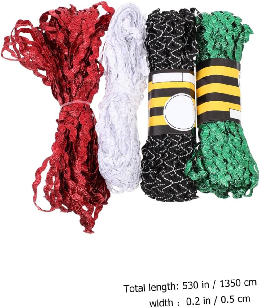 Kichvoe 4 Rolls 15-Yard Bending Fringe Rickrack Trim Ribbon 5mm Wave Sewing Ribbon for DIY Dress Flower Making Crafts, Red Green White Black White Colors, Sewing and Crafting Decoration