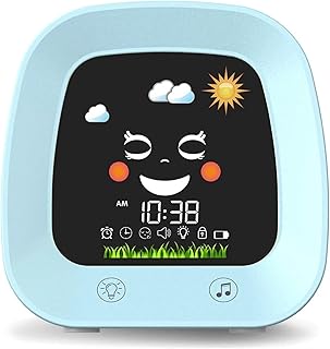 OUTFYT Reloj Despertador for niños, Reloj de Entrenamiento de sueño for niños con luz Nocturna de 4 Colores, máquina de Sonido for Dormir, Azul,EstacióN MeteorolóGica Multifuncional