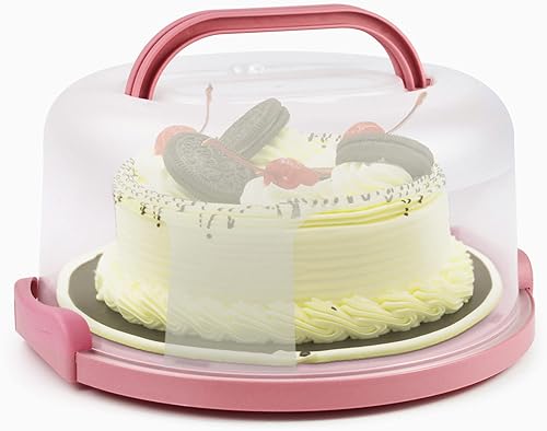 Miniatura 3 de Zoofen - Porta tartas de plástico con asa, soporte para tartas de 10 pulgadas con tapa, contenedor rosa para tartas redondo de 10 pulgadas para