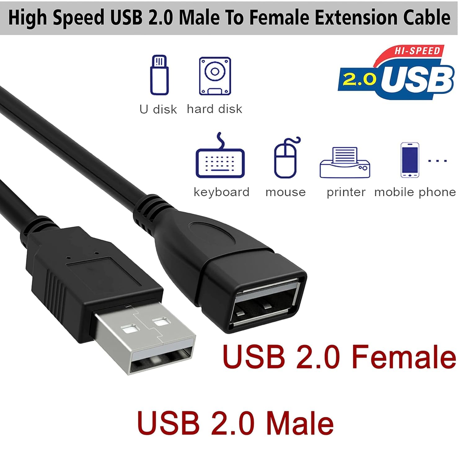 Storite 30CM 1-Pack USB 2.0 Extension Cable, Male to Female 1