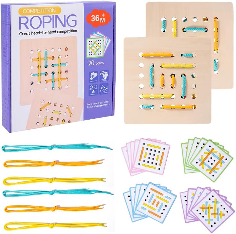 EduLand Montessori Montessori Practical Life Montessori-Inspired Sewing Lacing Weaving Wooden Boards with Lacing Ropes Pattern Cards Montessori Sewing Boards for 2 3 4 5 6 7 8 Years Old Toy Gift Set